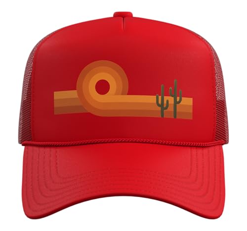 Retro Desert Sunset, Vintage Southwest Cactus Landscape Trucker Hat with Adjustable Mesh Back - color: Red