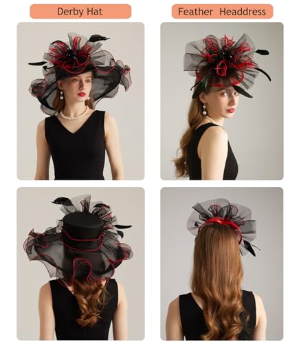 Women Derby Church Hat Organza Flower Wedding Tea Party Fascinator Wide Brim Sun Hat - color: 10-black Red