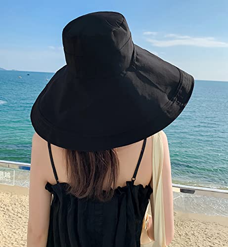 HUAMULAN Women Summer Vacation Wide Brim Sun Hat Reversible Fishing Hats - color: Blackbeige