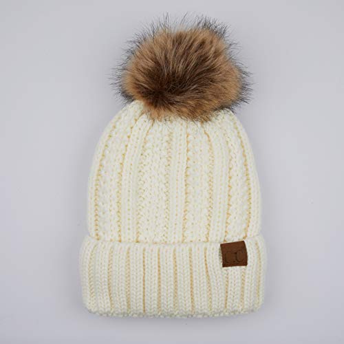 C.C Exclusives Fuzzy Lined Knit Fur Pom Beanie Hat (YJ-820) - color: Ivory