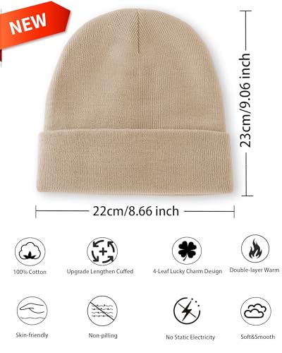 100% Cotton Beanie Lengthen Cuffed Beanies Knit Winter Hats Unisex - color: 1-khaki