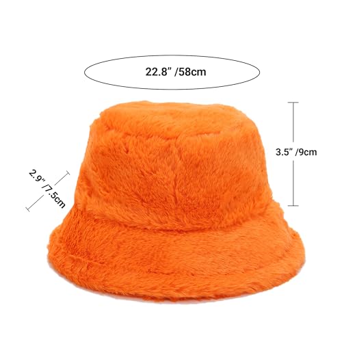 Umeepar Winter Faux Fur Fuzzy Bucket Hat Fluffy Warm Hat for Women Men - color: Plain Orange