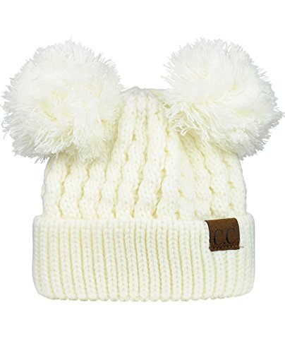 C.C 2 Ear Pom Pom Cable Knit Soft Stretch Cuff Skully Beanie Hat - color: Ivory