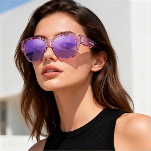 Wzerry Polarized Fit Over Glasses Sunglasses for Women Cat Eye UV400 - color: B07 L Black/Grey + Transparent Purple/Purple