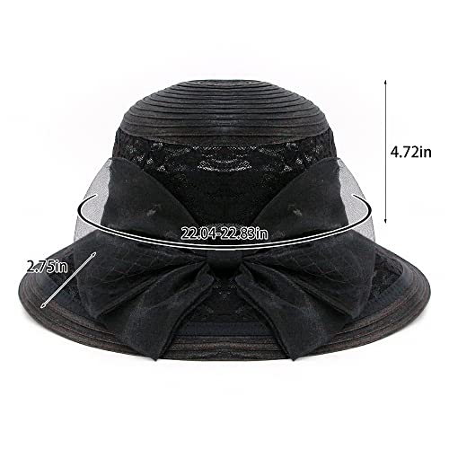 Haoohu Women's Church Derby Hat Wide Brim Bow Bucket Hat Wedding Dress Hat Fascinator Bridal Tea Party Hat - color: Mb Black