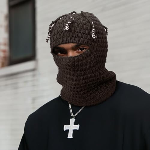 CLAPE Distressed Balaclava for Men, Funny Knitted Ski Motorcycle Mask Distressed Winter Windproof Snow Full Face Cover Mask - color: Khwb2401-brown