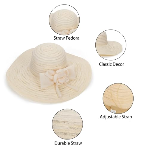 Women Wide Brim Organza Derby Hat Summer Sun Hat Fascinator Bridal Tea Party Wedding Hat - color: Beige-style 2
