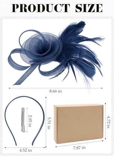 Zinniday Victorian Feather Fascinators Hats - 2025 Derby Attire Headwear with Hairpin,1920s Tea Party Hat for Woman - color: Navy Blue