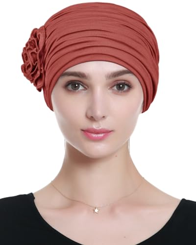 Alnorm Flower Design Chemo Hair Loss Caps Cancer Headwear for Women - color: Dusty Orange-red