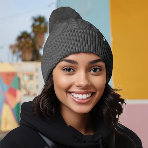 DALIX Cable Knit Pom Beanie Soft Stretch Skully Warm Fuzzy Faux Sherpa Winter Ski Beanie - color: Charcoal Gray