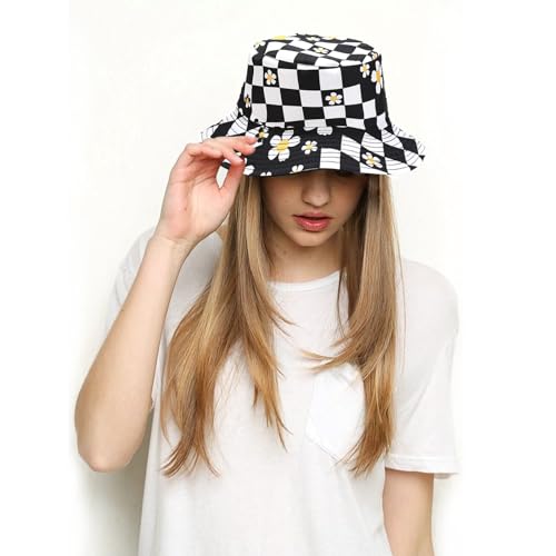 Bucket Hat for Women Men, Cotton Reversible Double Side Wear Sun Hats Beach Fisherman Hat - color: Small Checkered Flowers Black
