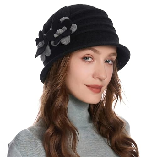 ZLYC Women Wool Cloche Bucket Hat 1920s Vintage Winter Hat with Flower - color: Daisy Black