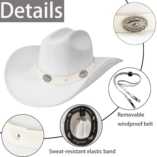 Western Cowboy Hat for Men Women,Shapeable Wide Brim Felt Fedora Classic Cowgirl Hats for Cowboys and Cowgirls,with bolo tie - color: White-a, size: Large-X-Large