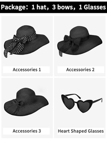 Sun Beach Straw Hats for Women, Summer Wide Brim Hat - color: Black, size: X-Large