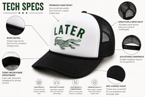 Later Gator Trucker Hat for Men & Women Funny Foam Front Classic 5 Panel Snapback - color: White/Black