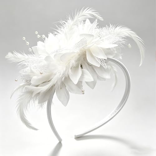 White Flower Headband, Floral Feather Hairband with Pearl Design Party Headband for Women Wedding Headpiece Fascinator Party Hair Accessories Carnival Hair Hoop - color: White