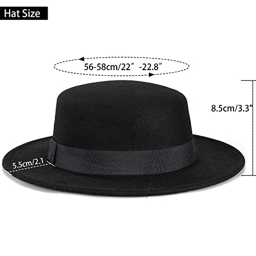 Pork Pie Hat for Men/Women, Wide Brim Felt Boater Fedora Church Derby Cap - color: Black-style 1