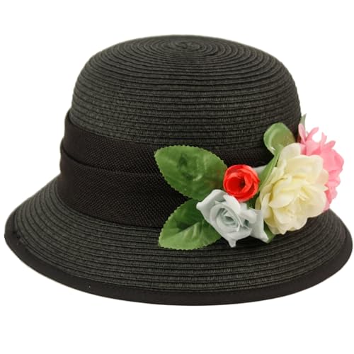 Women's Gatsby Linen Cloche Hat with Lace Band and Flower - color: Cl2796 Black