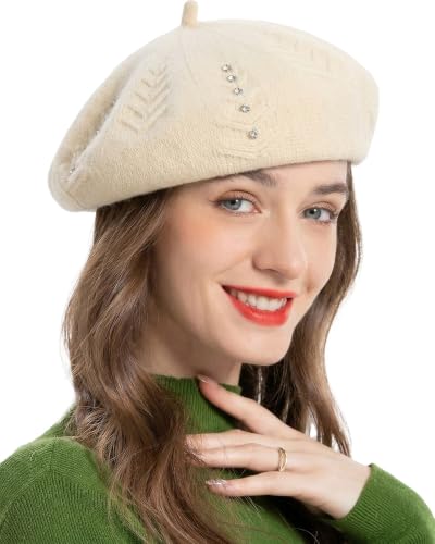 ZLYC Women French Beret Hat Reversible Solid Color Knit Warm Artist Cap - color: Rhinestones Beige