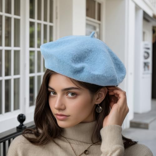 French Beret Hats for Women - Classic Wool Beret Hats Soft Knit Winter Cloche for Daily Outfits - color: Sky Blue