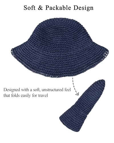 Womens Crochet Straw Sun Hat Foldable Floppy Wide Brim Beach Hat for Summer - color: Dark Blue