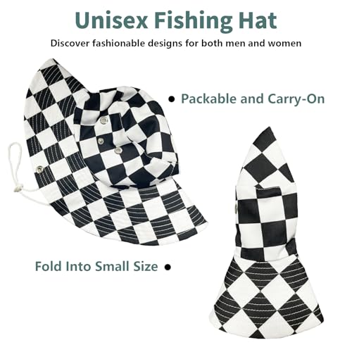 Funny Sun Hat for Men Women Wide Brim Bucket Hat Hiking Boonie Hat Summer Beach Fishing Caps - color: Black White Checkered