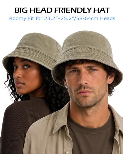 Zylioo XL XXL Bucket Hat for Big Heads, Washed Cotton Sun Hat - color: Khaki-lined, size: XX-Large