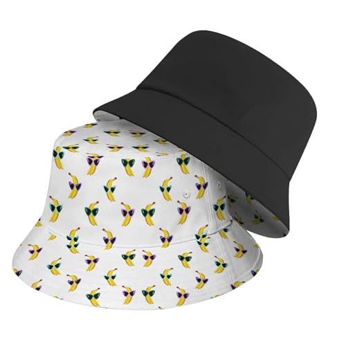 Amasnay Funny Bucket Hat Cotton Double-Side-Wear Reversible Sun Hat for Women Men, Summer Vacation Travel Beach Fisherman Hat - color: Banana Glasses