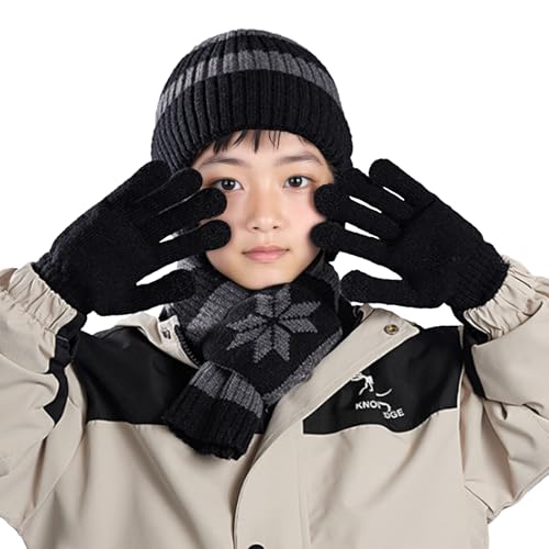 PURFUN Kids 3-in-1 Beanie Scarf Touchscreen Gloves Set, Winter Thick Warm Fleece Lined Knitted Skull Cap with Ear Flaps - color: Black