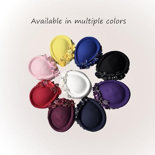 Women's Retro British Felt Headscarf Hat Church Derby Headdress with Floral Women's Soft Beret - color: Wine