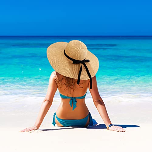 Women Wide Brim Sun Hat UPF50 Straw Summer Hat Floppy Beach Hat Roll-Up - color: Tie Brown