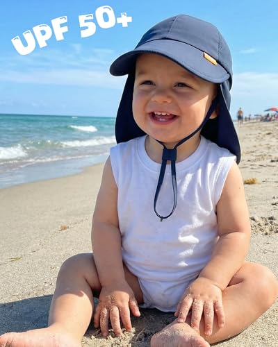 Baby Sun Hat with Breathable Mesh, UPF 50+ Boys Girls Toddler Swim - color: Navy + Green, size: 6-24 Months