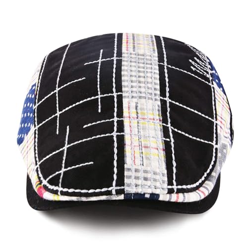 MOACC M Men Beret Hat Cotton Buckle Adjustable Newsboy Hats Cabbie Gatsby Cap - color: Hat-t1-black(white Line)