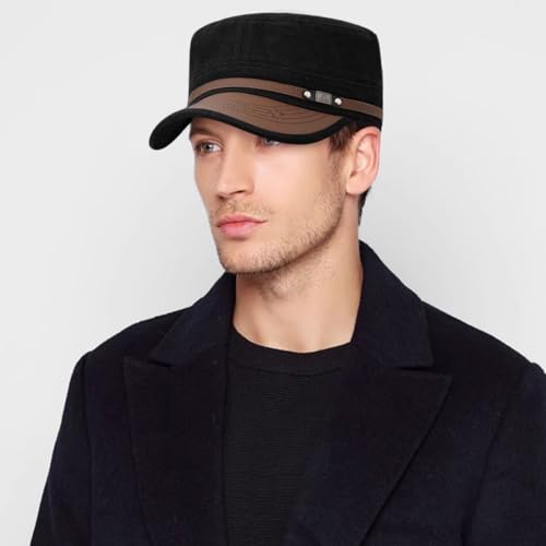 Cadet Army Cap for Men Women Twill Military Corps Hat Flat Top Cap - color: Black