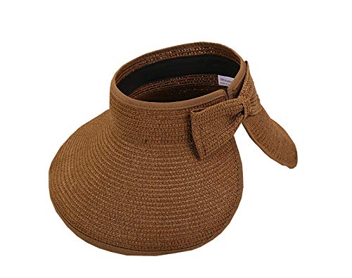 Womens Foldable Straw Sun Visor, Packable Roll‑Up Beach Hat with Wide Brim - color: Coffee