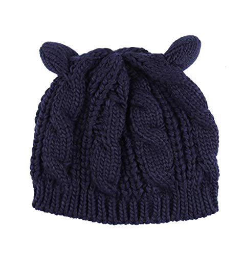 Women Winter Wool Baggy Beret Beanie Cute Devil Cat Ear Crochet Braided Knit Hat Ski Cap - color: Navy Blue