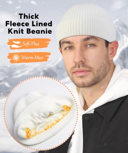 Heniho Wool Fleece Lined Fisherman Beanie for Men, Winter Warm Hats Cuffed Knit Watch Cap Trawler Hat - color: 1pack H- White