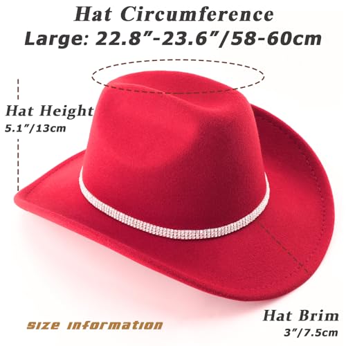 Western Cowboy Hats for Women Classic Felt Wide Brim Fedora Hat with Belt Buckle Retro Panama Hat Unisex Rolled up Cap - color: 1 Pack : Red With 3 Rhinestones Bands
