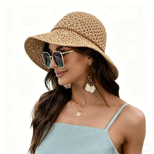 Women Wide Brim Sun Hat UPF50 Straw Summer Hat Floppy Beach Hat Roll-Up - color: Straw Hat Khaki