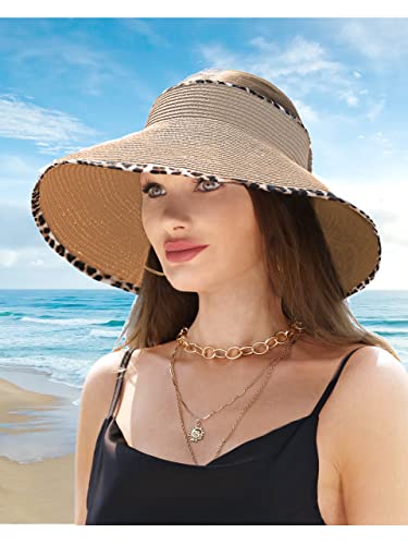 LA CARRIE Wide Brim UV Protection Sun Hats for Women with Leopard Trim Straw Roll Up Beach Visor Hat UPF 50+ - color: Khaki