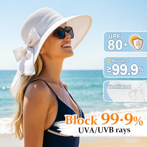 DRESHOW Sun Hats for Women Summer Wide Brim Beach Straw Hat Bowknot Bucket Hats Foldable Floppy Beach Sun Hat UPF 50+ - color: 1 Pack Bowknot Ribbon Hat: White