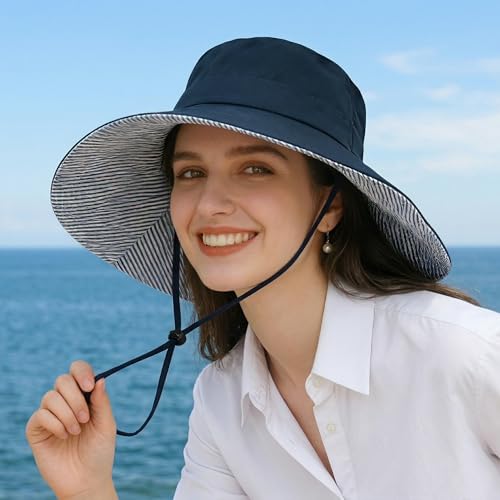 Womens Foldable Shapeable Brim Sun Hat UPF 50+ Cotton Wide Brim Beach Adjustable Chin Strap Hat Sun Protection Cap - color: Z-blue