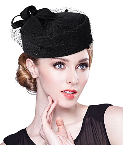 Z&X British Vintage Wool Felt Pillbox Hat Ladies Church Derby Winter Fascinator Hat Veil Flower Fedoras - color: A- Black