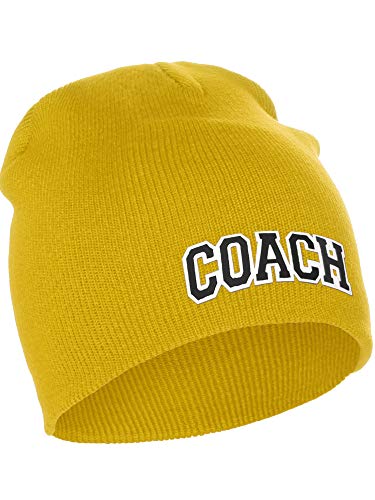 I&W Sports Team Coach Arch Letters Winter Knit Cuffless Beanie 3D Raised Layers - color: Gold Beanie White Black