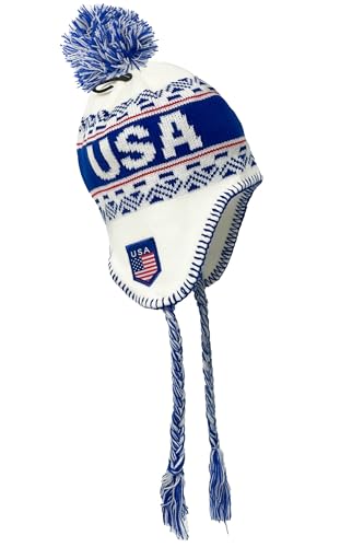 USA Winter Knit Beanie with Pom White Ski Cap, Peruvian Hat with Ear Flaps and Fleece Lining