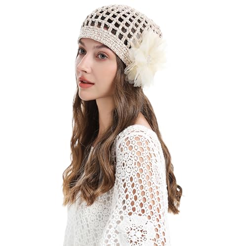 ZLYC Women Crochet Beanie Hat Summer Handmade Knit Decorated Skull Cap - color: Floral Beige