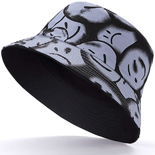 BYOS Summer Fashion Print Cotton Bucket Sun Hat for Men Women, Reversible Black - color: Artsy Emoji Paleblue