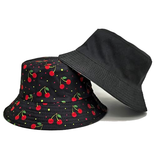 Quanhaigou Reversible Printed Bucket Hat,Summer Beach Outdoor Cap - color: Black Cheery