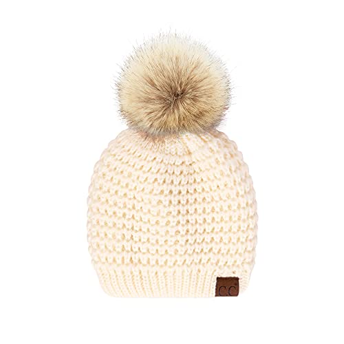 C.C Hatsandscarf Exclusives Unisex Solid Ribbed Beanie with Pom (HAT-43) - color: A Waffle Stitch Pattern-ivory