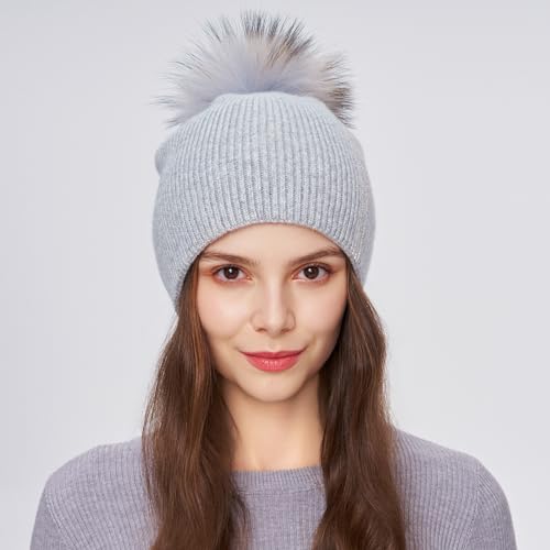 Women's Knitted Angora Wool Hat for Autumn and Winter Warm and Stylish with Rolled Brim and Slanted Rhinestones Cap - color: A-silver